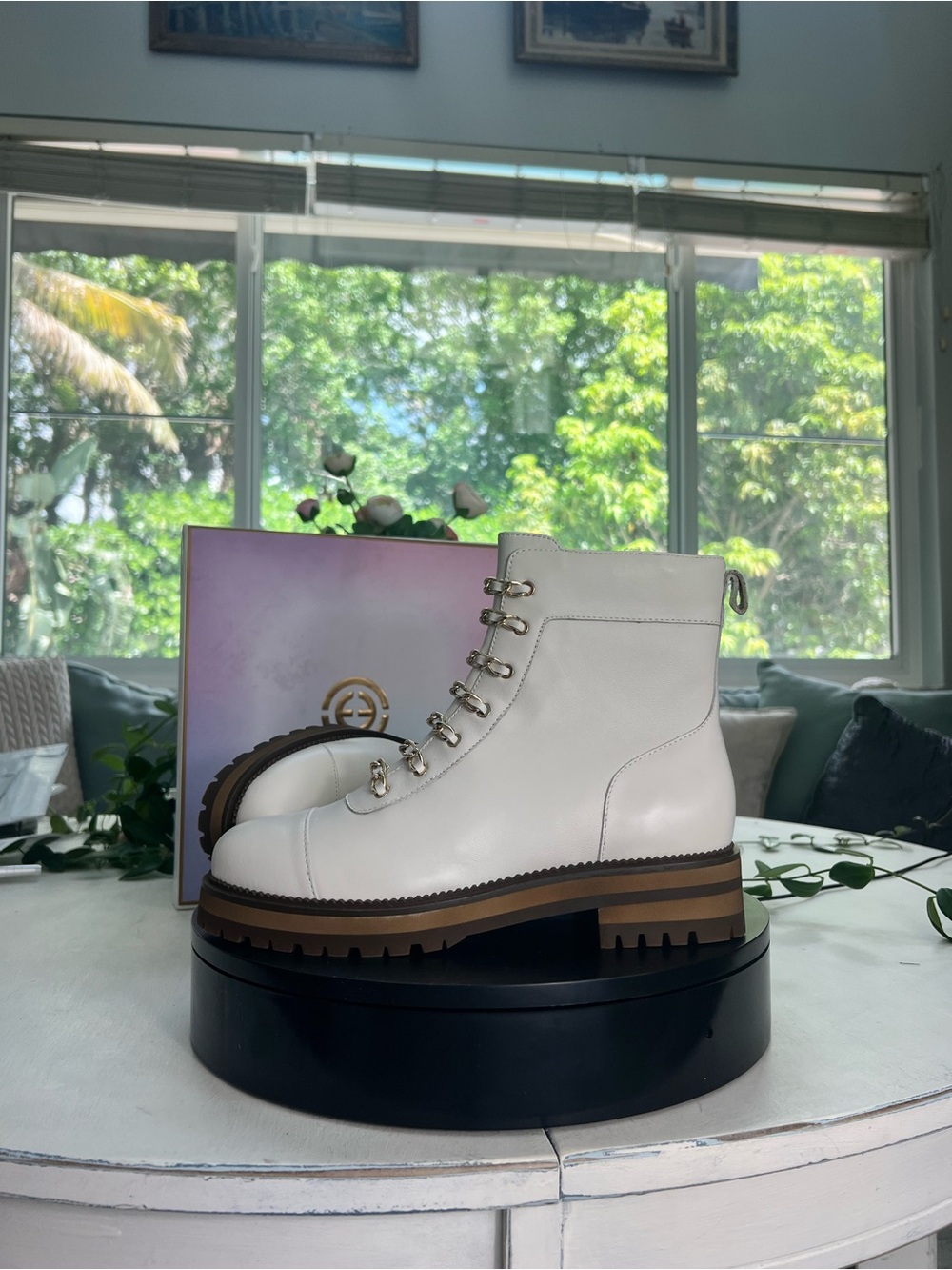 CECILIA NEW YORK White Leather Lug Sole Lace-Up Boot